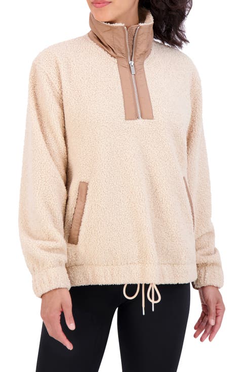 Woven Trim Faux Shearling Pullover