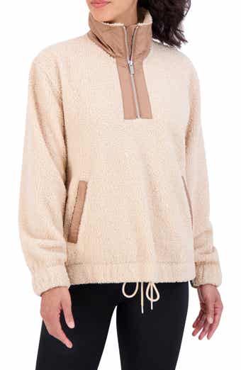 SAGE COLLECTIVE Woven Trim Faux Shearling Pullover