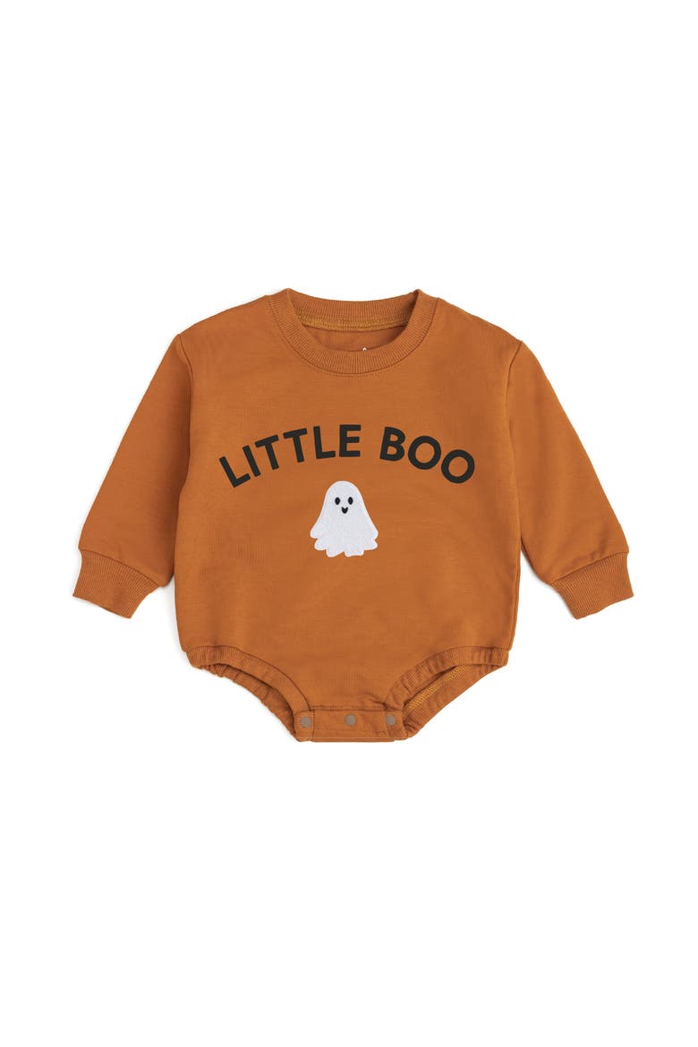 Little Boo Patch Halloween Long Sleeve Romper, Main, color, Burnt Orange