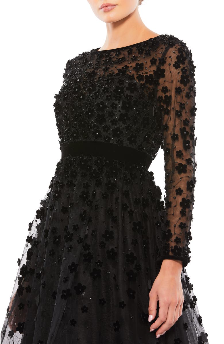 Mac Duggal Embellished Illusion High Neck Long Sleeve Fit & Flare Dress, Alternate, color, Black