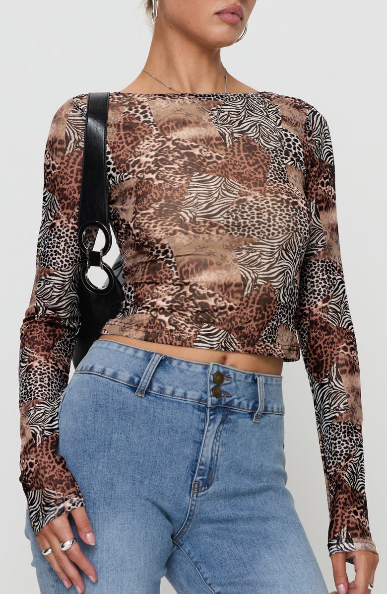 Princess Polly Tied In Long Sleeve Mesh Top, Main, color, Leopard