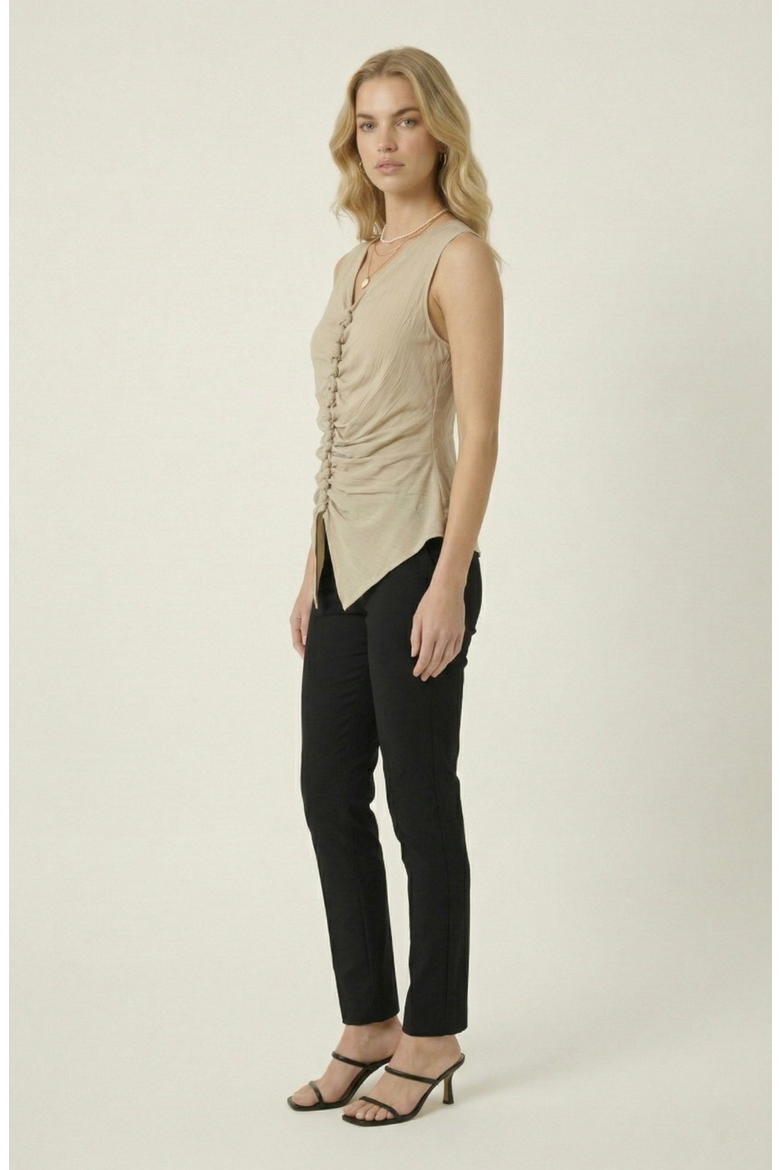 Ruched V Neck Top with Sleeveless Cut and Pointed Hem, Alternate, color, Beige