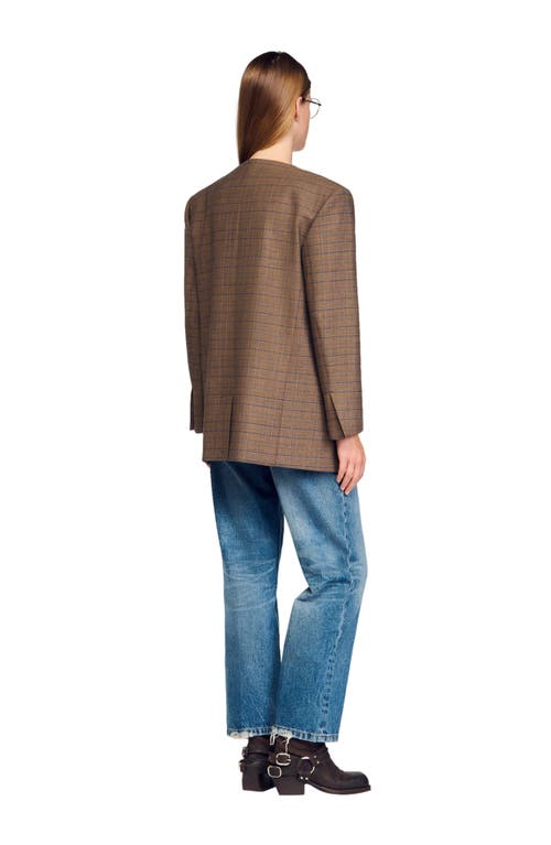 Sandro Oversized Checked Jacket In Brown
