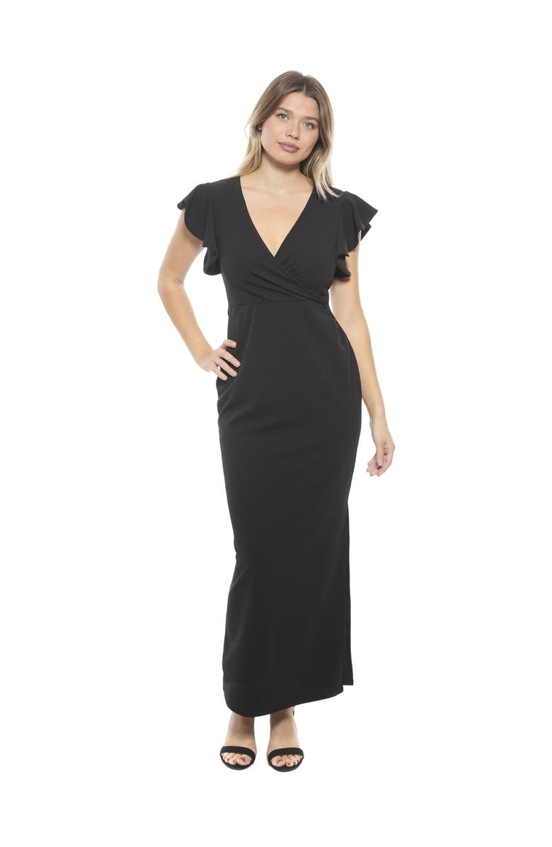 24seven Comfort Apparel Womens V-Neck Tulip Hem Ruffle Sleeve Faux Wrap Maxi Dress, Main, color, Black