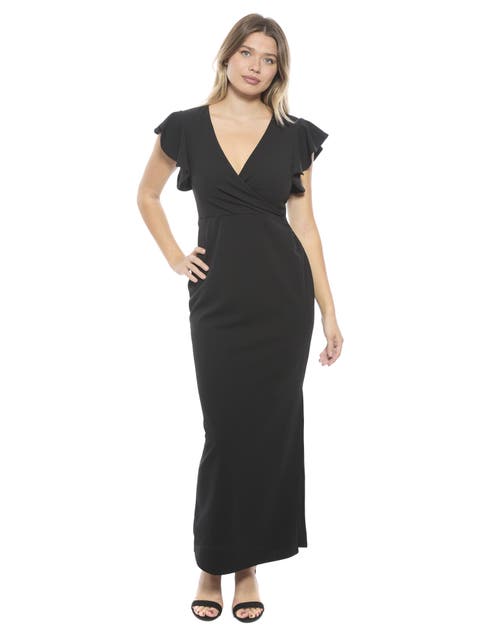 Womens V-Neck Tulip Hem Ruffle Sleeve Faux Wrap Maxi Dress