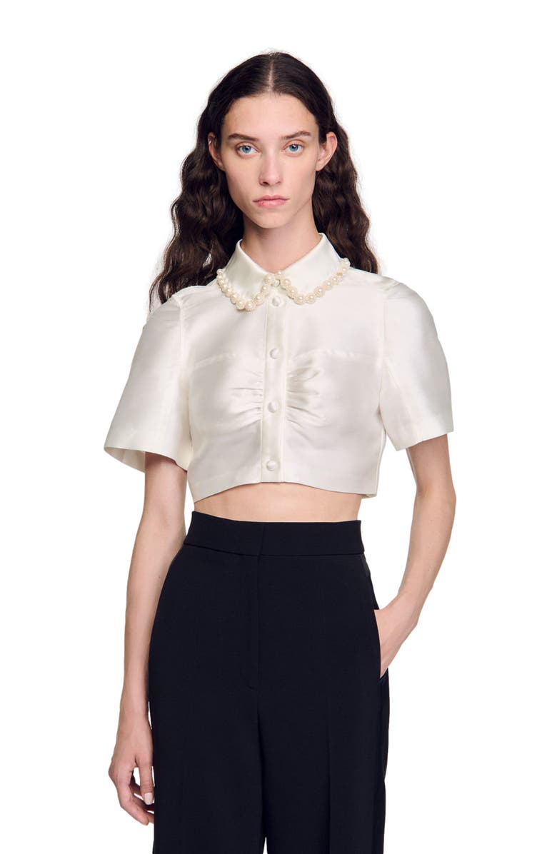 SANDRO Beaded satin-effect cropped shirt, Alternate, color,