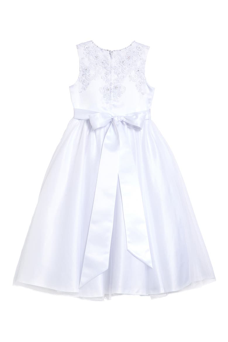 Beaded Bodice Satin & Tulle Communion Dress, Alternate, color, WHITE