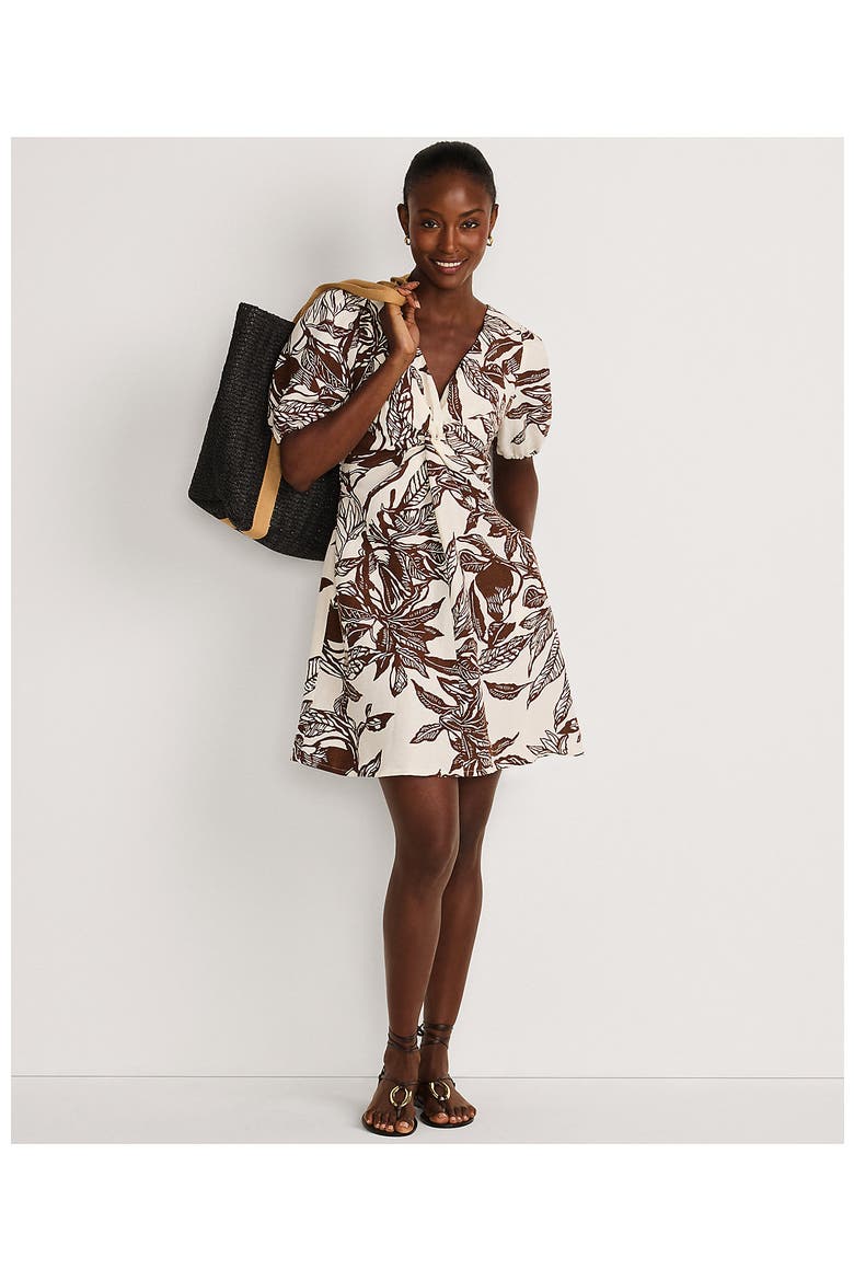 Linen Above the Knee Puff Sleeve Dress, Alternate, color, Vanilla/Bark Etched Leaves