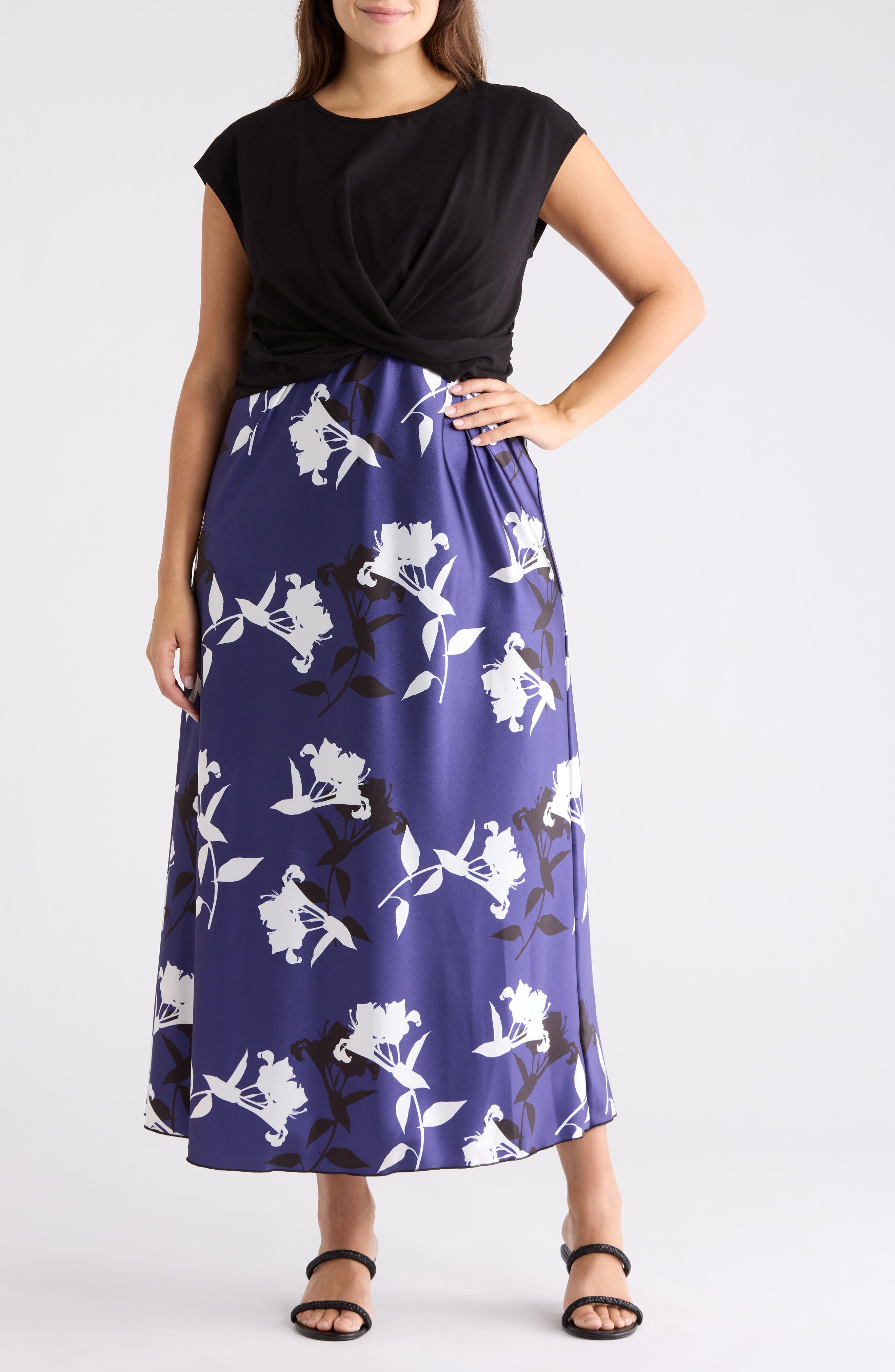 TASH AND SOPHIE Floral Satin Slipdress & Cap Sleeve Top Set