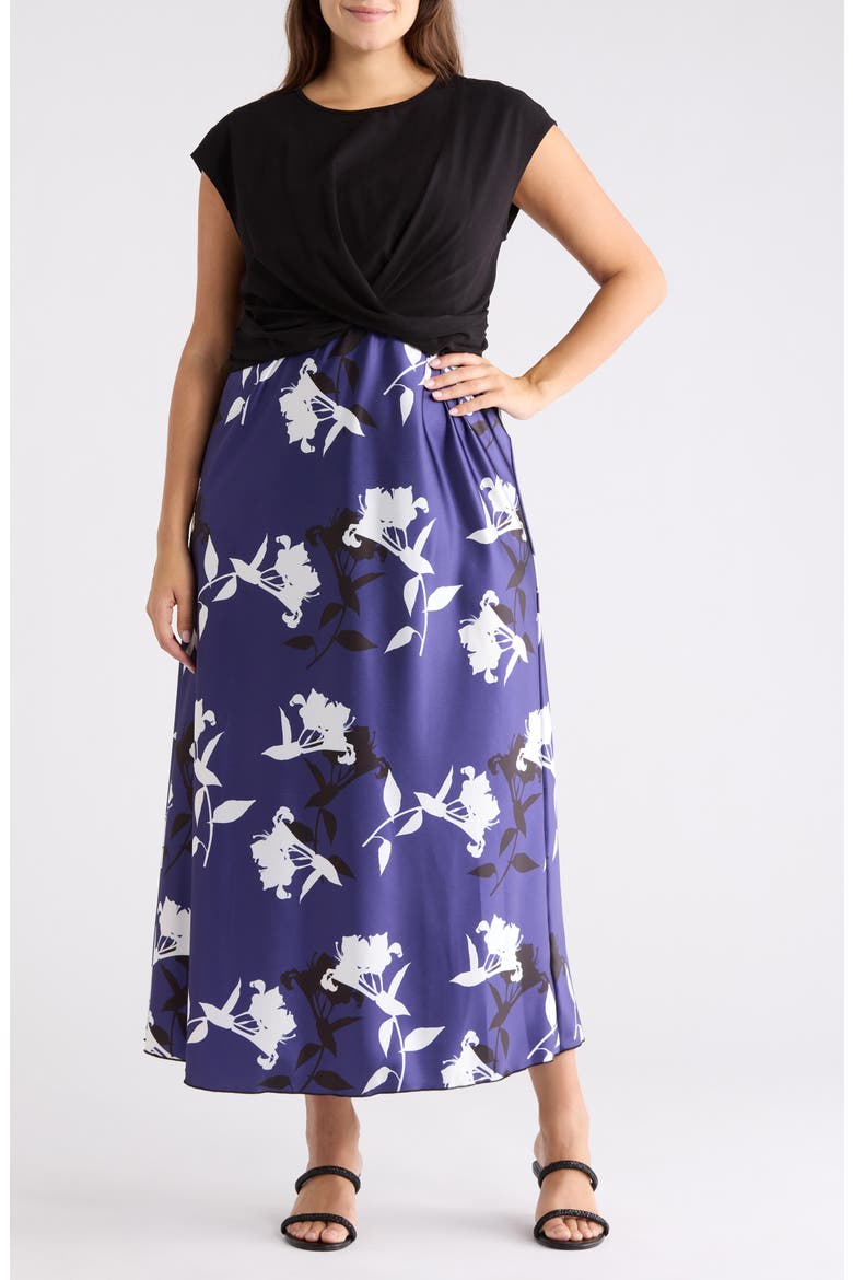 Floral Satin Slipdress & Cap Sleeve Top Set, Main, color, NAVY WHITE