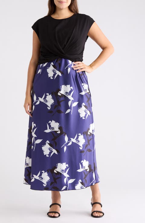 Floral Satin Slipdress & Cap Sleeve Top Set (Plus)