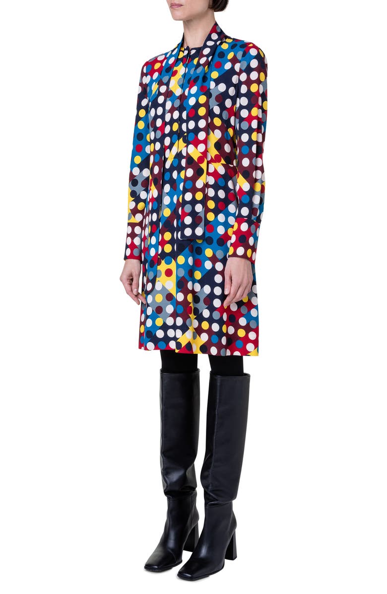 Akris punto Diamond Polka Dot Print Long Sleeve Tie Neck Crepe Shirtdress, Alternate, color, 
