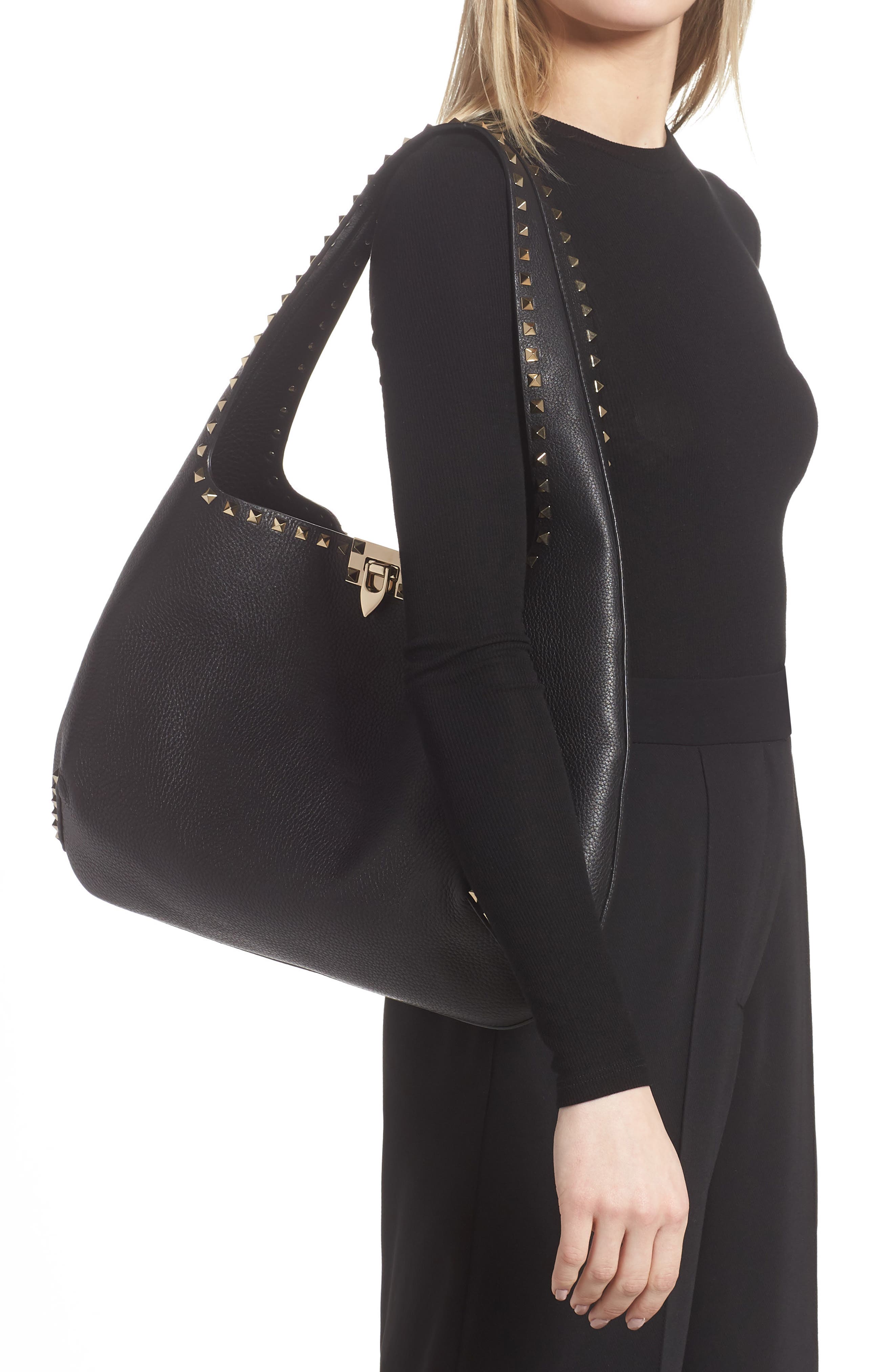 Valentino Garavani Rockstud Leather Hobo Bag, Alternate, color, 