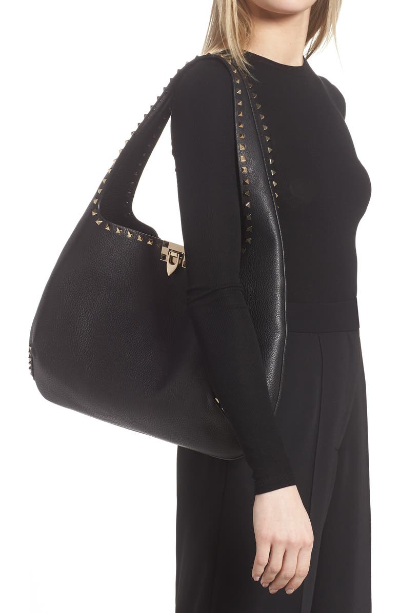 Valentino Garavani Rockstud Leather Hobo Bag, Alternate, color,