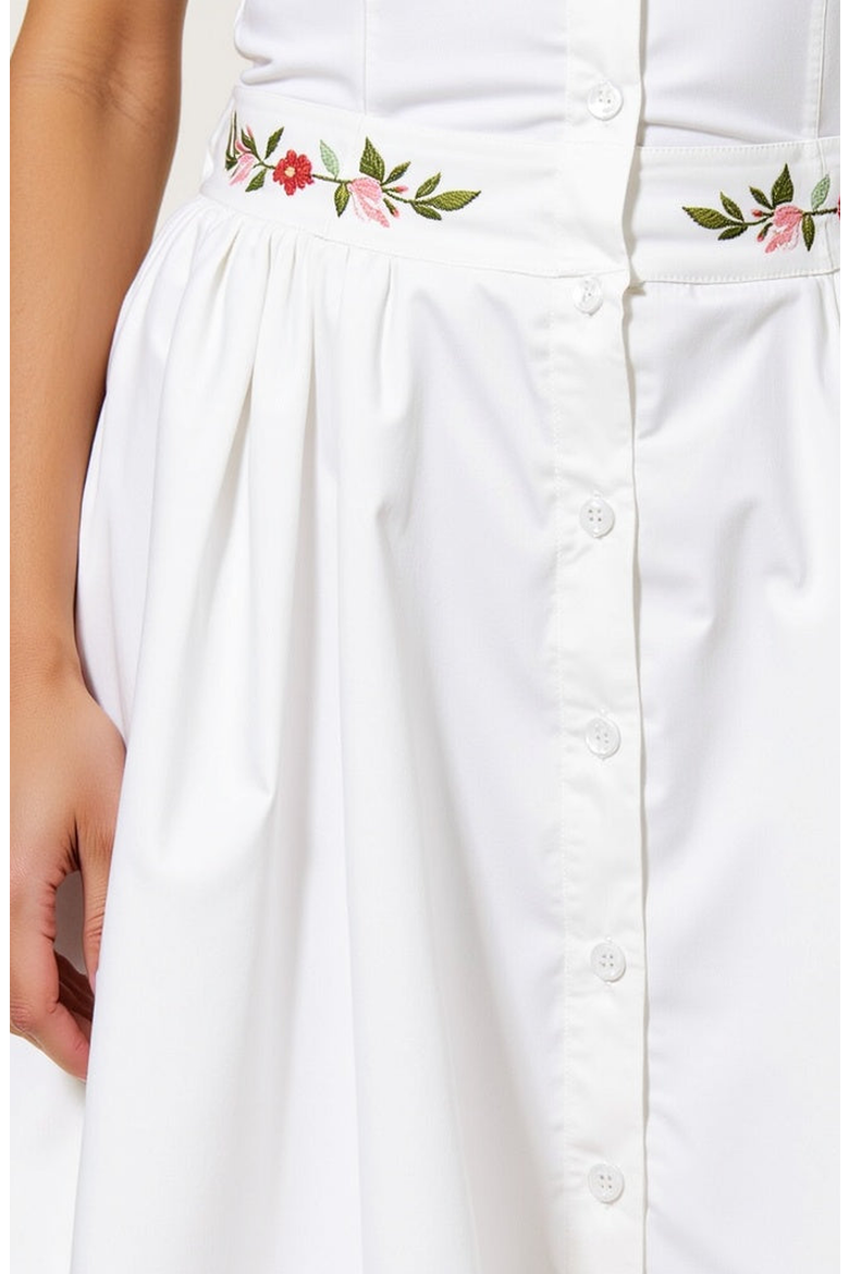 Embroidered Waist Button-Front Halter Mini Dress with Smocked Open Back, Alternate, color, White