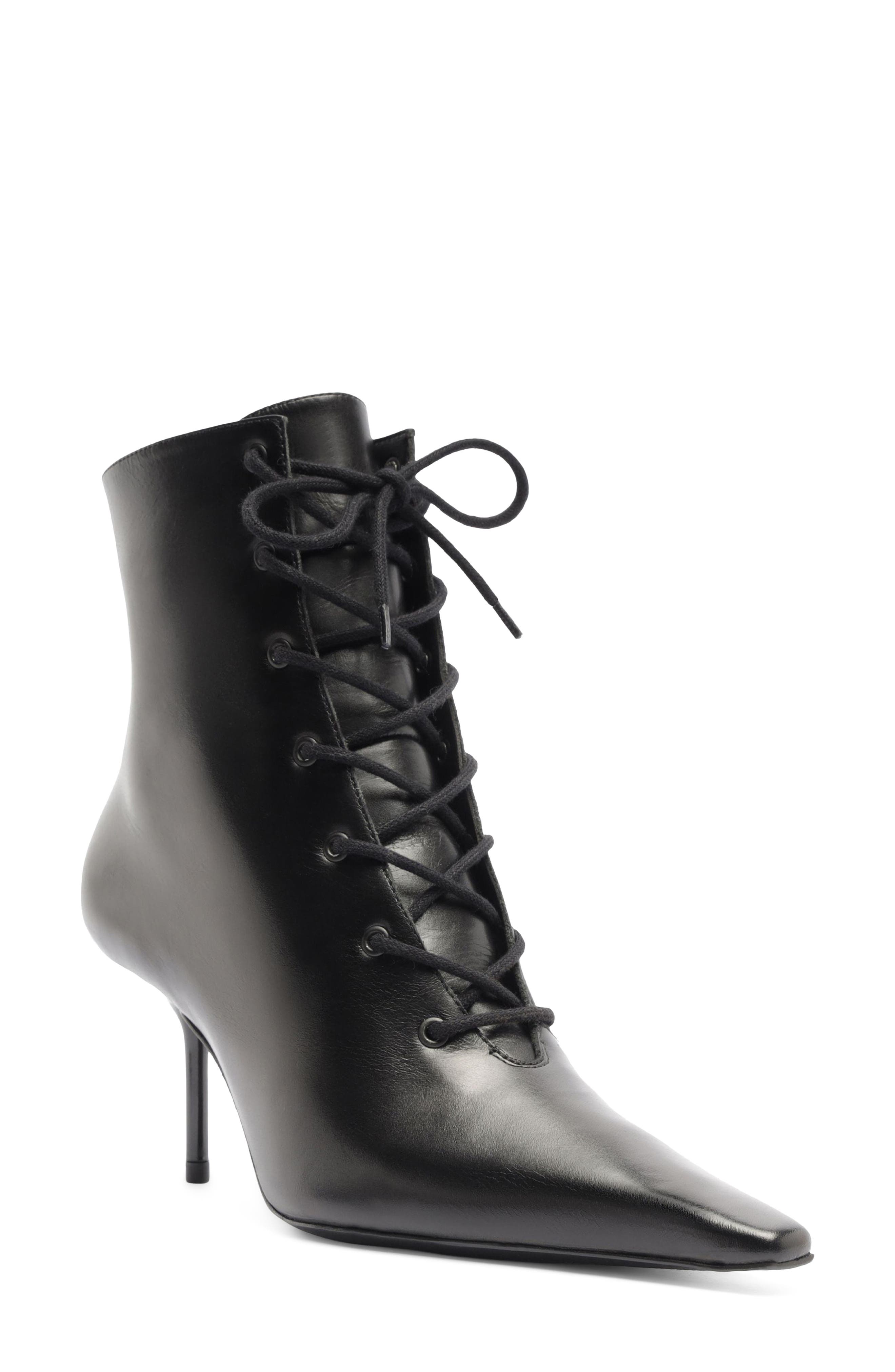 Roxanne Lace Pointed Toe Leather Bootie, Main, color, BLACK