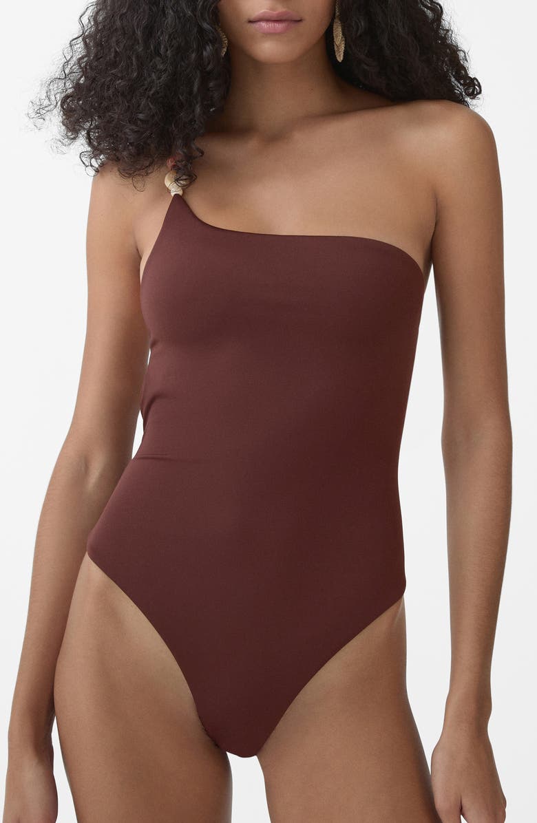 MANGO Milena Strappy One-Shoulder One-Piece Swimsuit, Main, color, Dark Brown