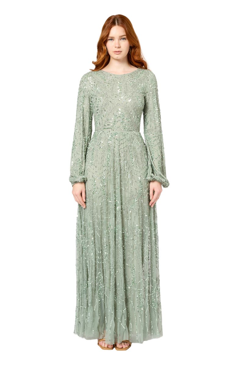 MARYISA FERIAL MODEST EMBELLISHED SEQUIN MAXI DRESS, Main, color, Sage Green