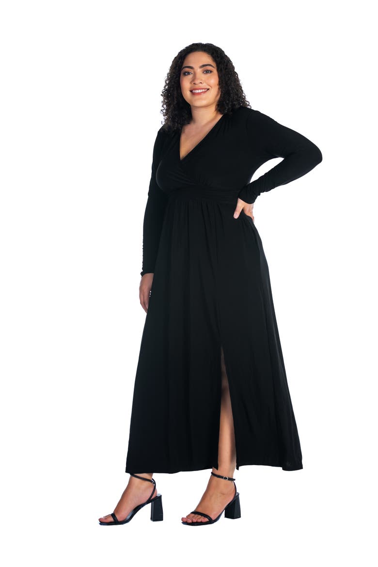 Plus Size Long Sleeve V Neck Side Slit  Maxi Dress, Alternate, color, Black