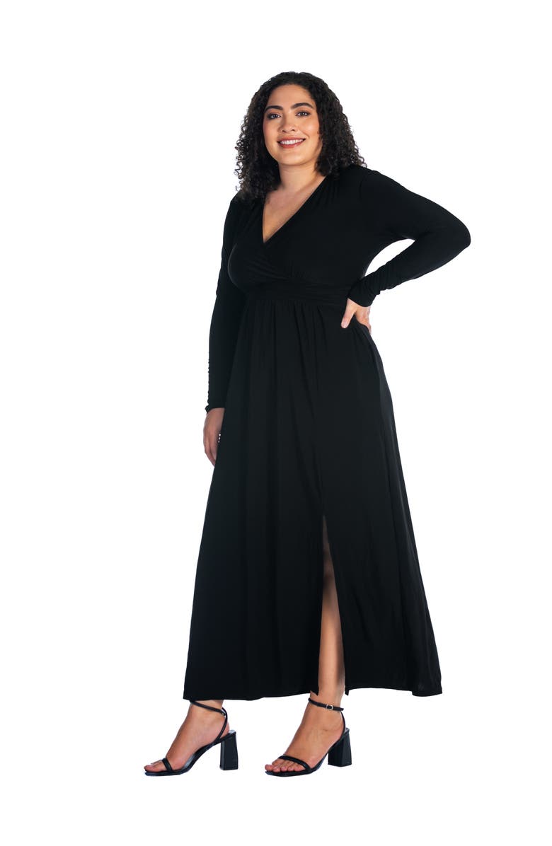 24seven Comfort Apparel Plus Size Long Sleeve V Neck Side Slit  Maxi Dress, Alternate, color, Black