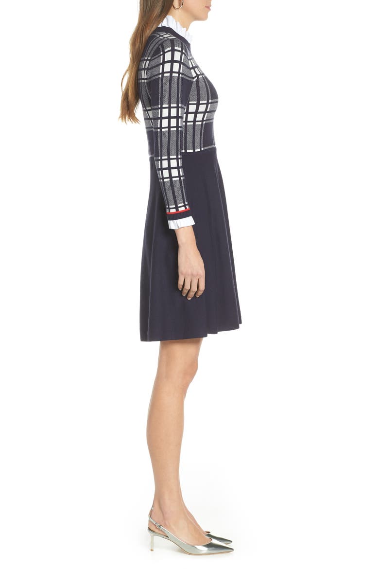 Plaid Bodice Long Sleeve Sweater Dress, Alternate, color, NAVY PLAID