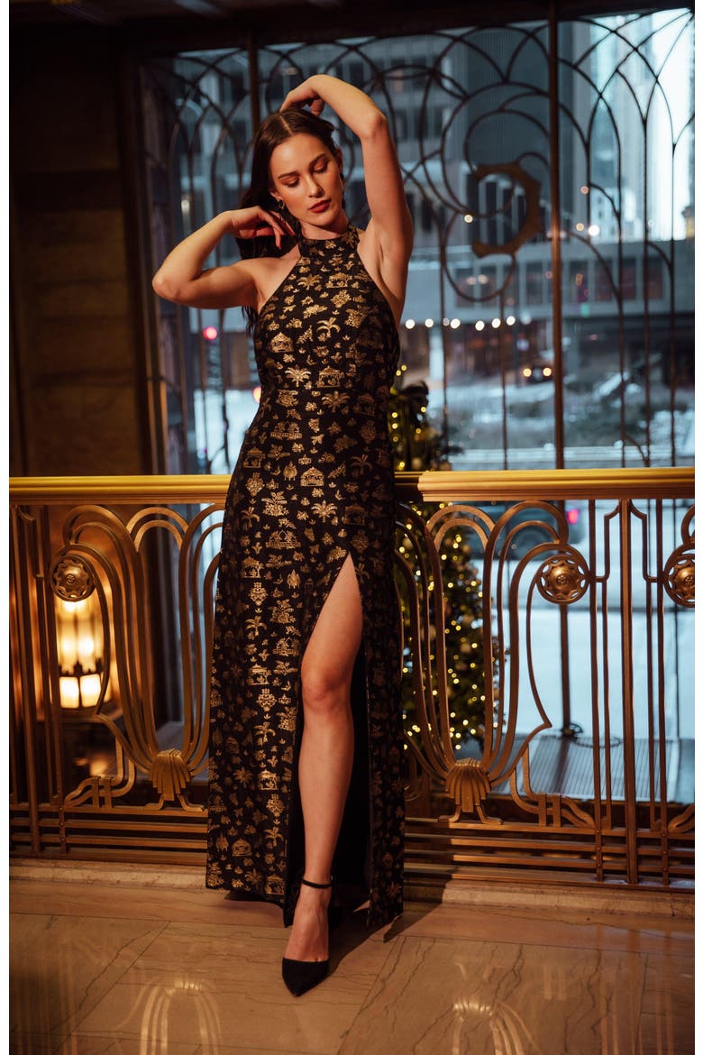 Leontine Halter Brocade Gown, Alternate, color, Black