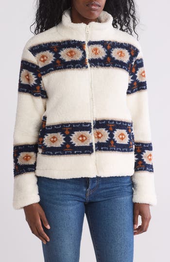 Shop Lucky Brand Geo Print Faux Fur Zip Jacket In Natural Mu