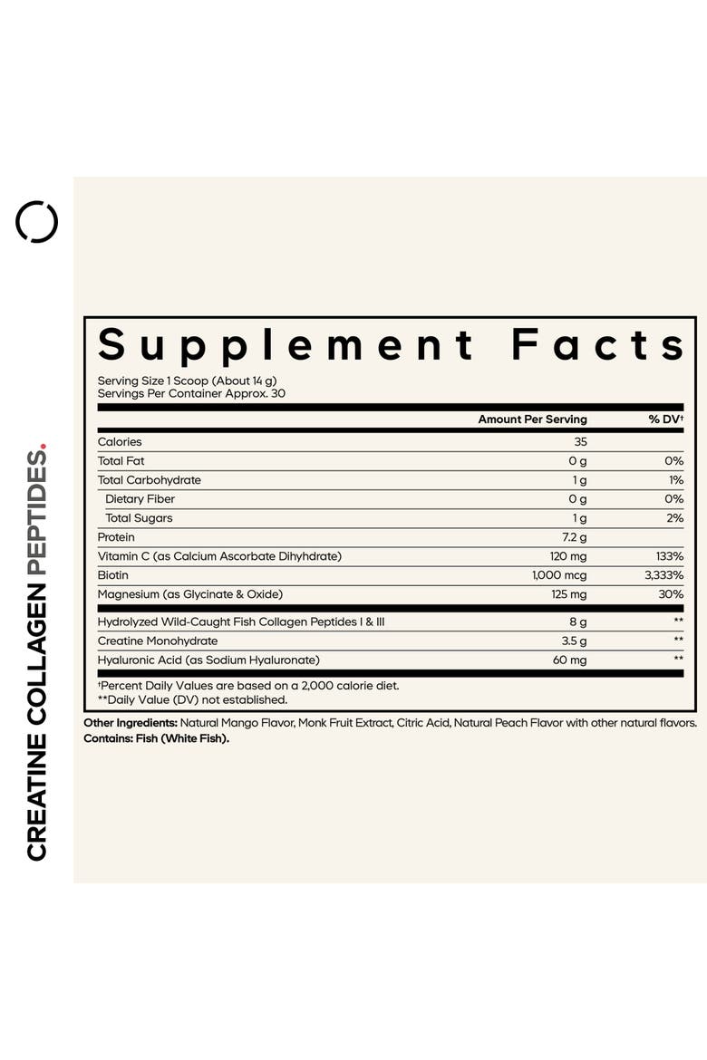 Creatine Collagen Peptides, Biotin, Magnesium, Hyaluronic Acid, Vit C, Mango Flavor, Alternate, color, White