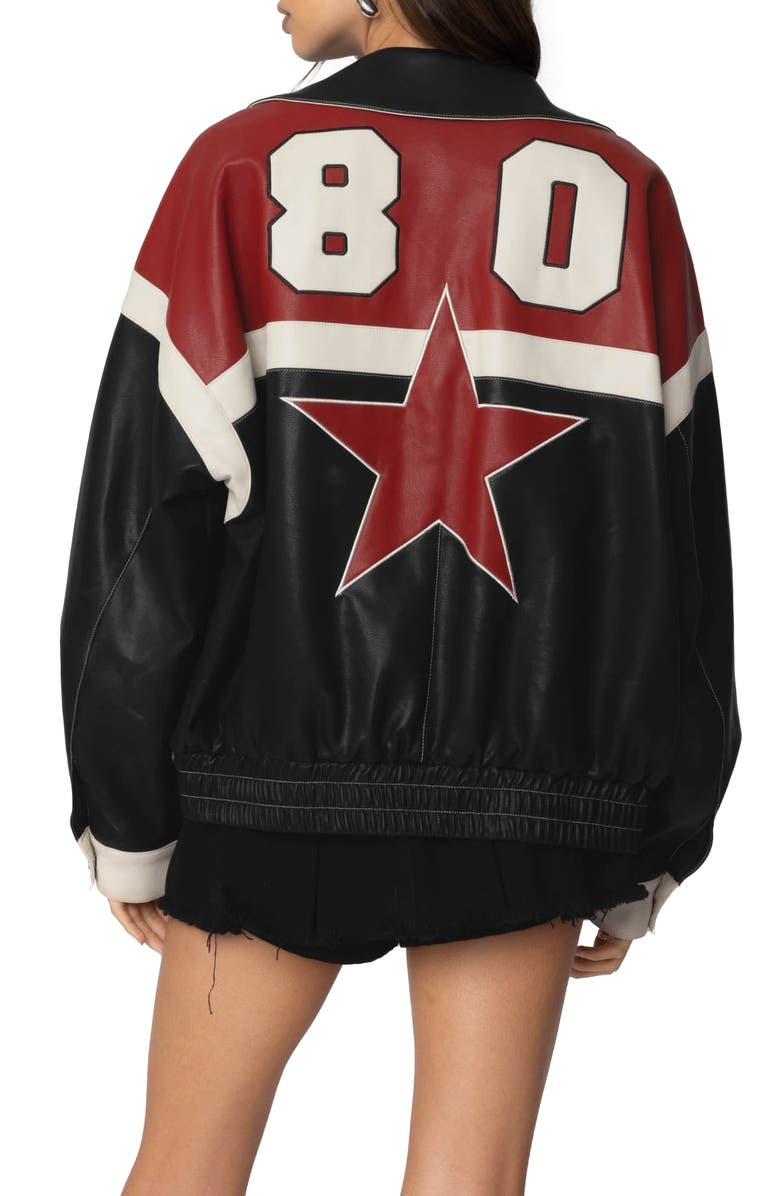 EDIKTED North Star Faux Leather Bomber Jacket, Alternate, color, Mix