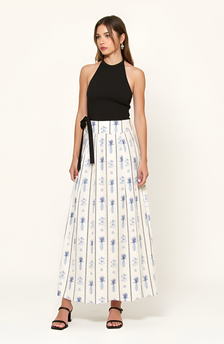 Modenaire Halter Rib-Knit Printed Pleated Side-Tie Maxi Dress, Alternate, color, 