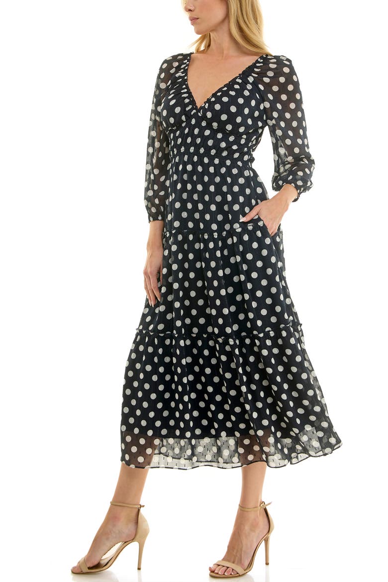 Tiered Midi Dress, Alternate, color, NAVY IVORY DOT