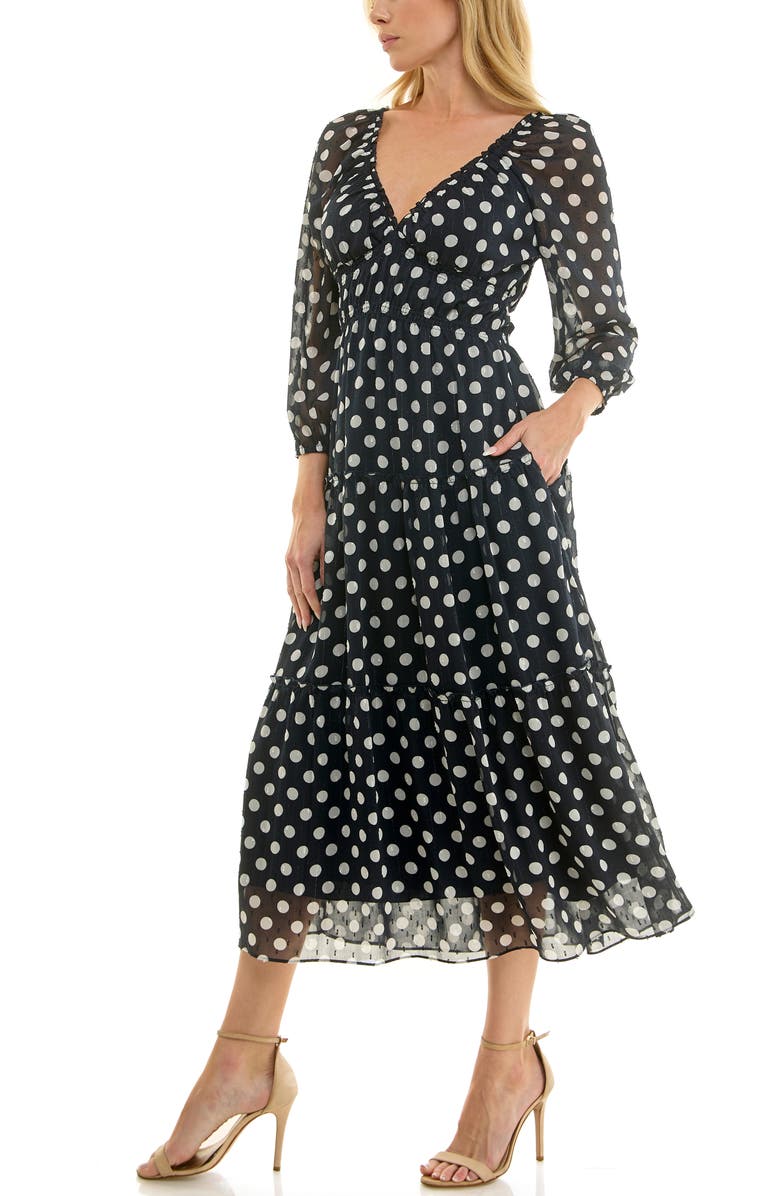 Socialite Tiered Midi Dress, Alternate, color, Navy Ivory Dot