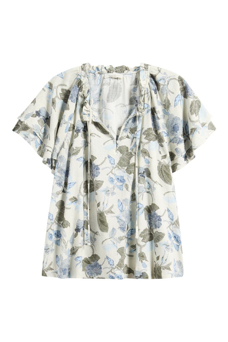 Shirred Botanical Print Linen Blend Top, Alternate, color, IVORY- BLUE B DAISY TAPESTRY