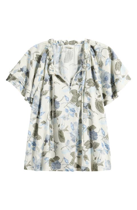 Shirred Botanical Print Linen Blend Top
