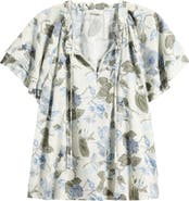 Treasure & Bond Shirred Botanical Print Linen Blend Top