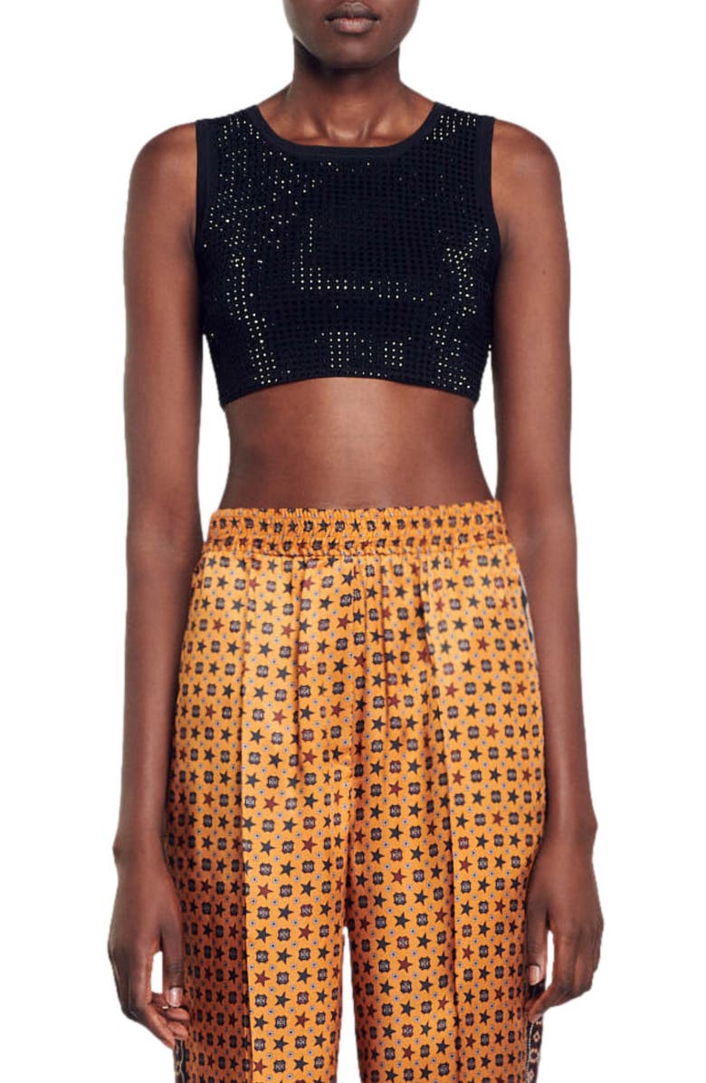 SANDRO Taureau Rhinestone Crop Sweater, Main, color, 