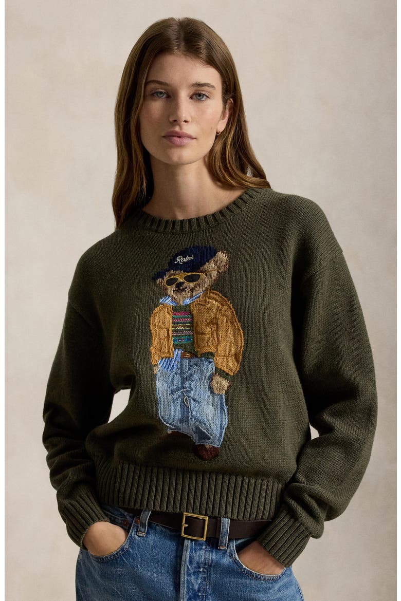 Polo Bear Cotton Crewneck Sweater, Alternate, color, MARLED OLIVE