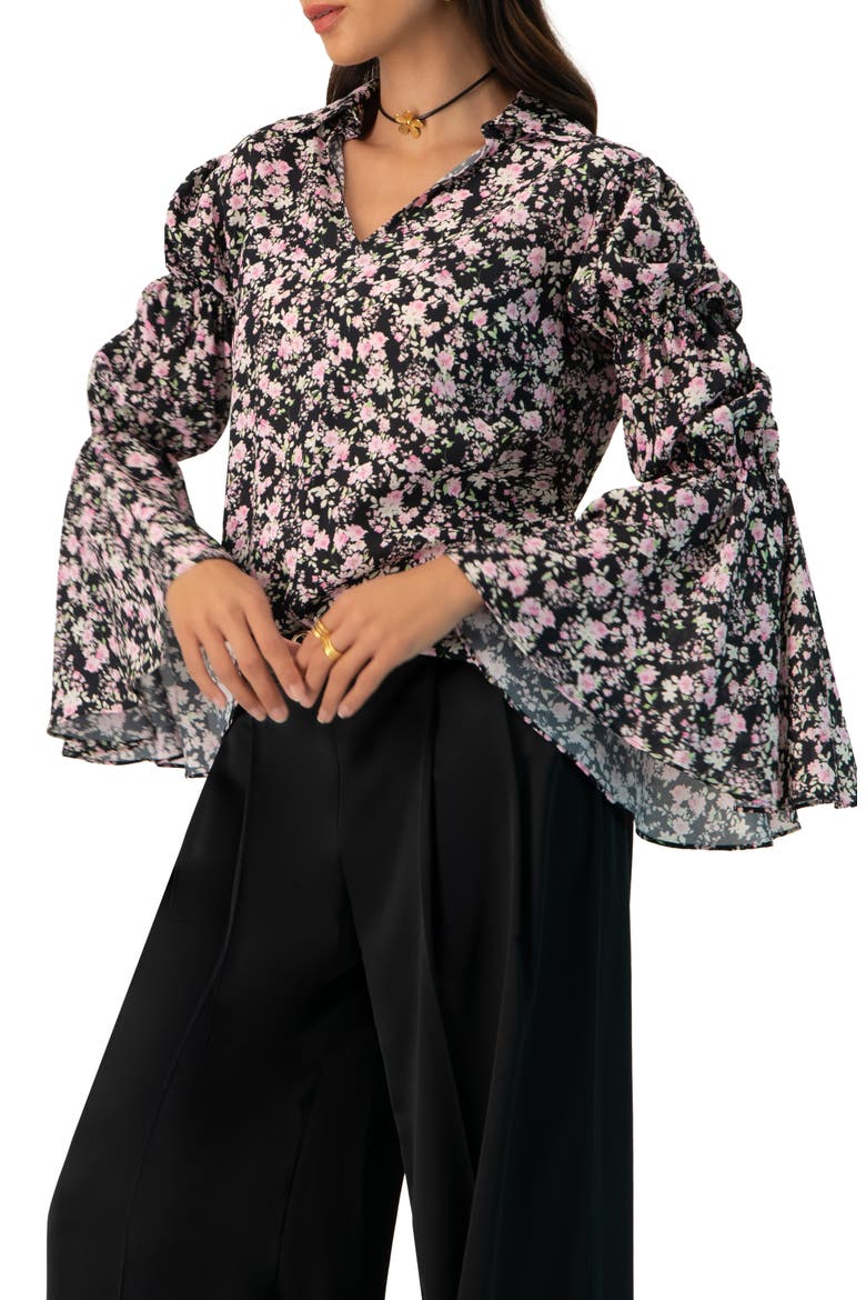 Collared Long Sleeve Floral Print Blouse, Main, color, Black