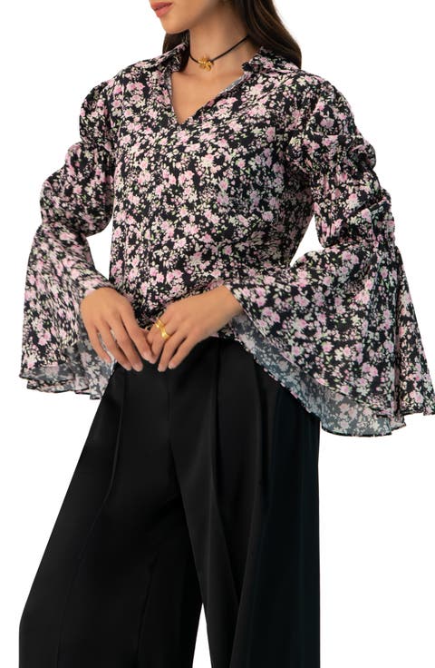 Collared Long Sleeve Floral Print Blouse
