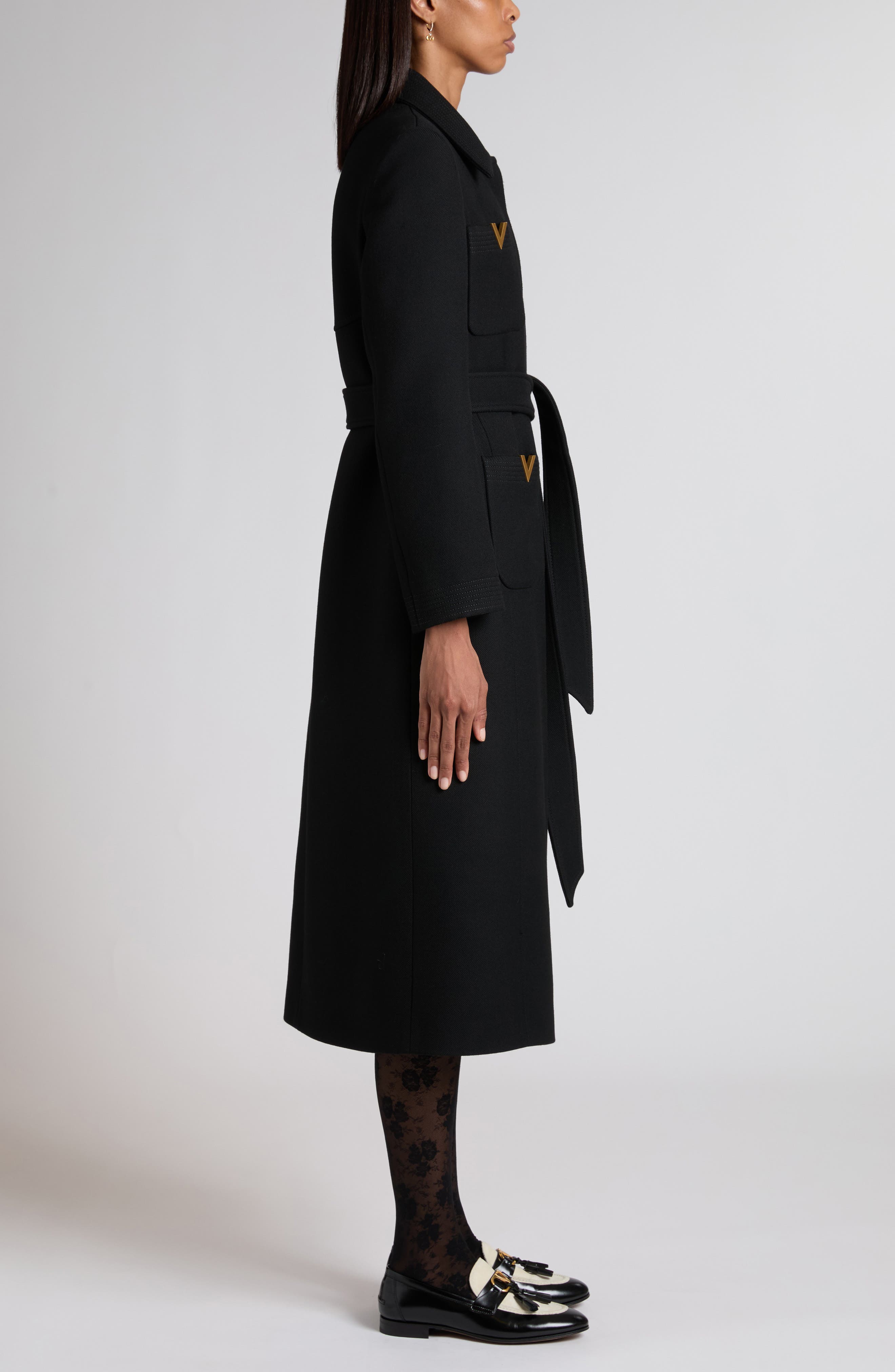 V-Detail Belted Virgin Wool & Silk Drill Coat (Women) | Nordstrom