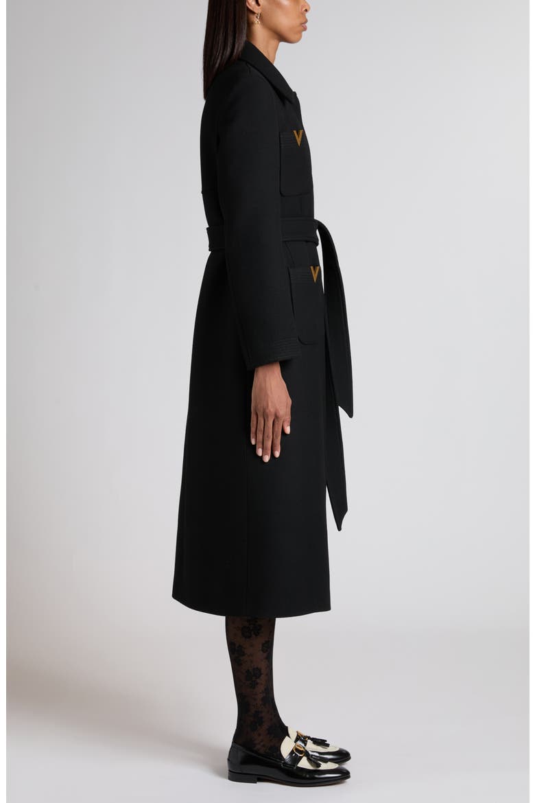 V-Detail Belted Virgin Wool & Silk Drill Coat, Alternate, color, BLACK