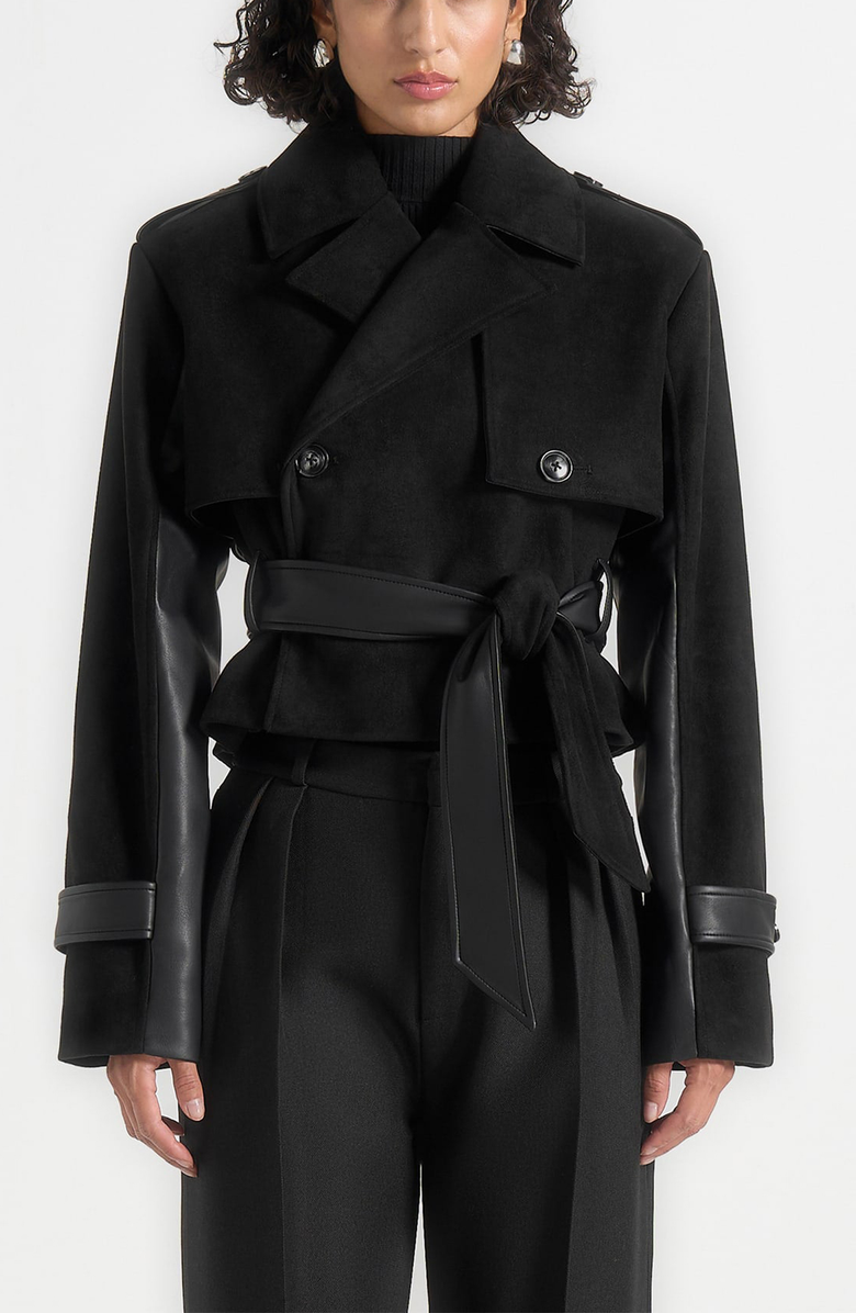 Manière De Voir Lelia Cropped Suede Trench Coat With Belt, Alternate, color, Black