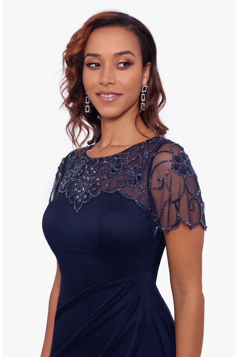Xscape Beaded Short Sleeve Chiffon Gown, Alternate, color, NAVY