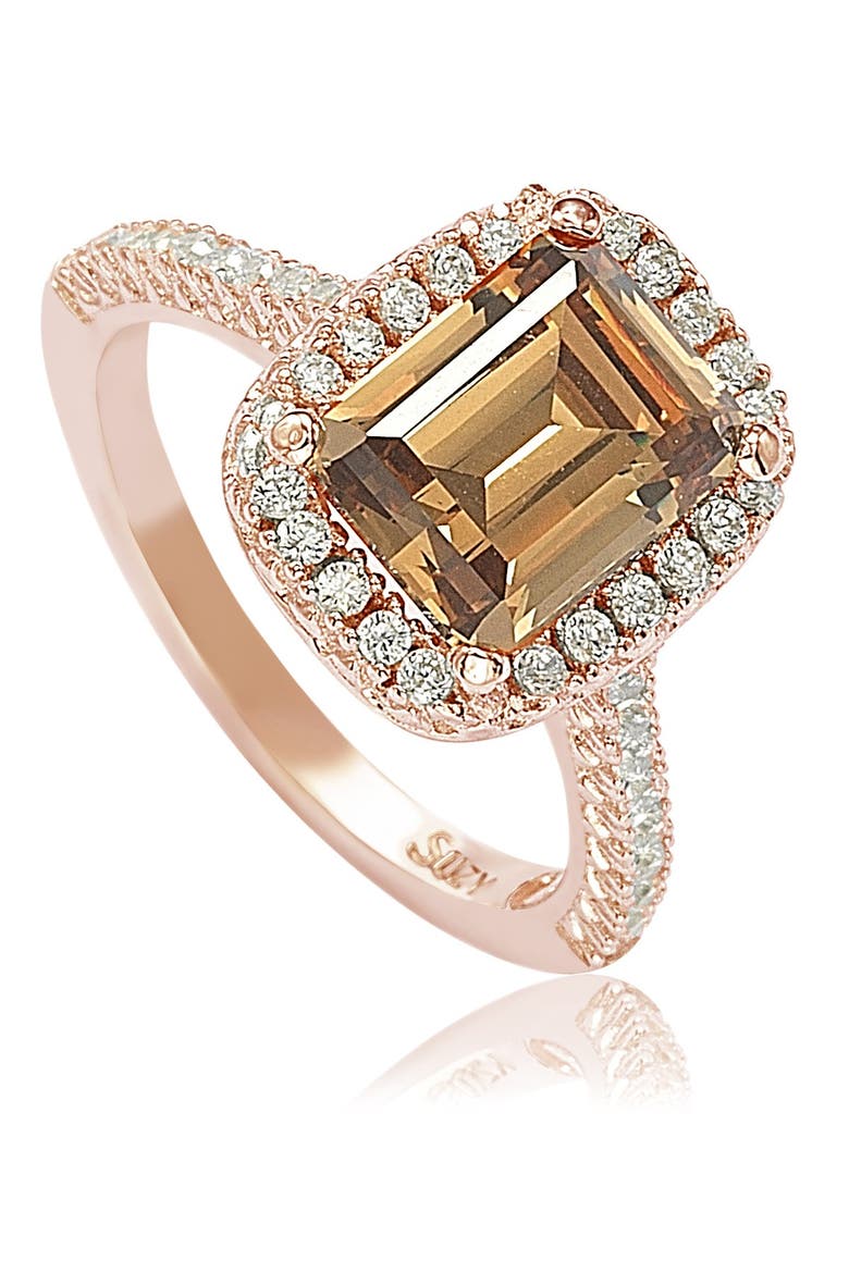 Rose Tone Sterling Silver Emerald Cut CZ Ring, Main, color, ROSE BROWN