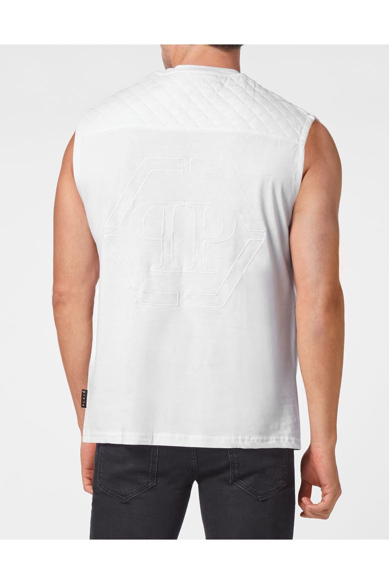 Sleeveless T-Shirt Round Neck Hexagon Men, Alternate, color, white
