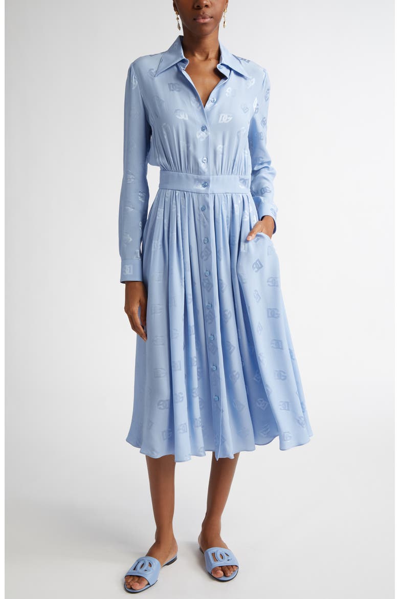 Logo Jacquard Long Sleeve Silk Shirtdress, Main, color, GLICINE VIOLA CHIARI