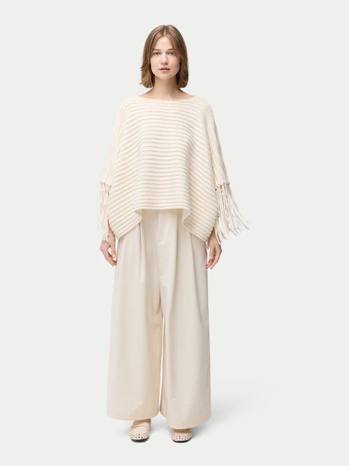 Gobi Mongolian Cashmere Fringed Sleeve Cashmere Poncho In White