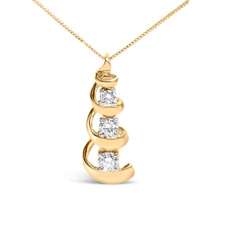 10k Yellow Gold 1/4 Cttw Diamond 3 Stone Swirl and Drop Pendant Necklace