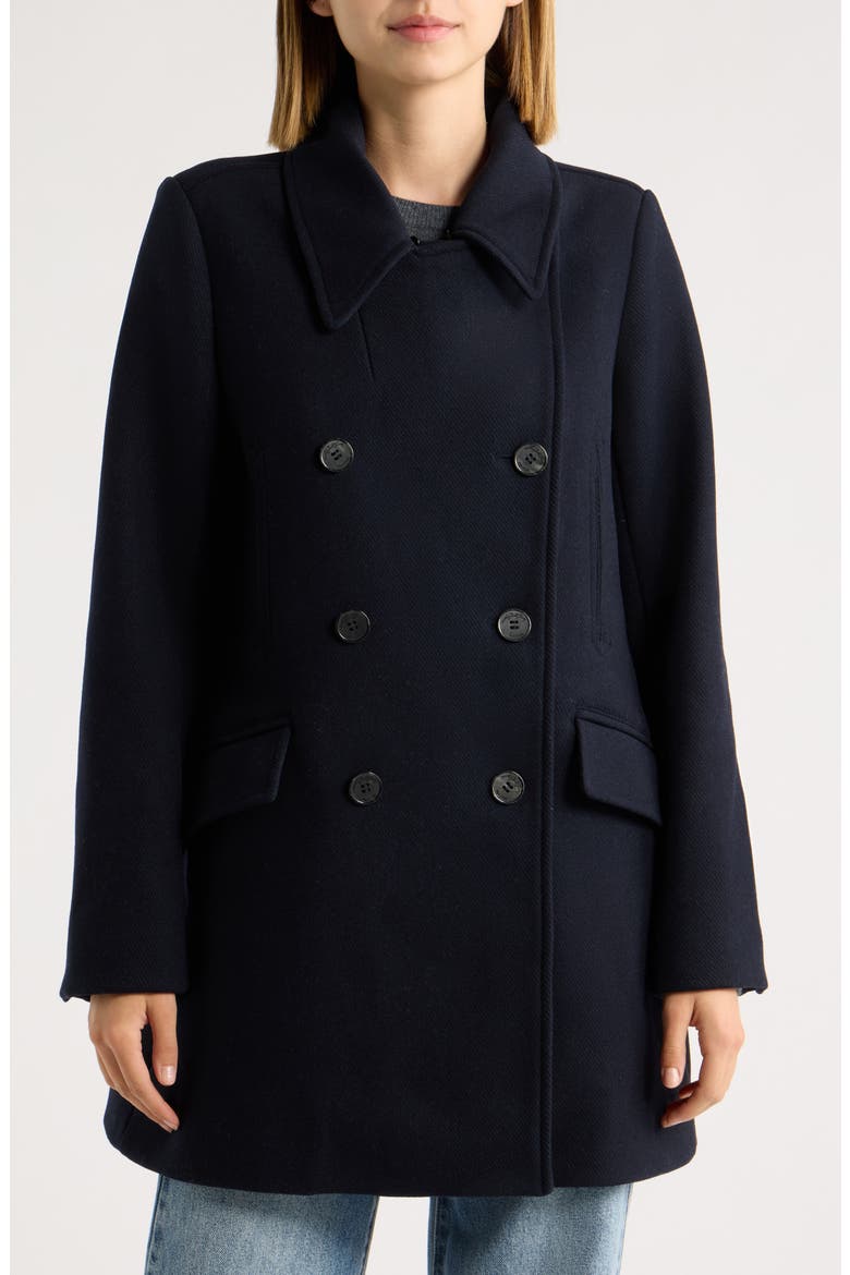 Verdine Faux Fur Collar Double Breasted Coat, Alternate, color, NAVY