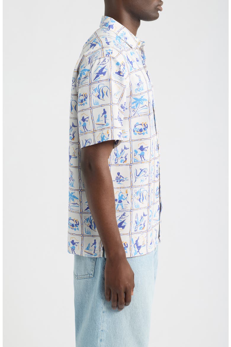 Island Scenes Short Sleeve Button-Up Shirt, Alternate, color, OFF WHITE